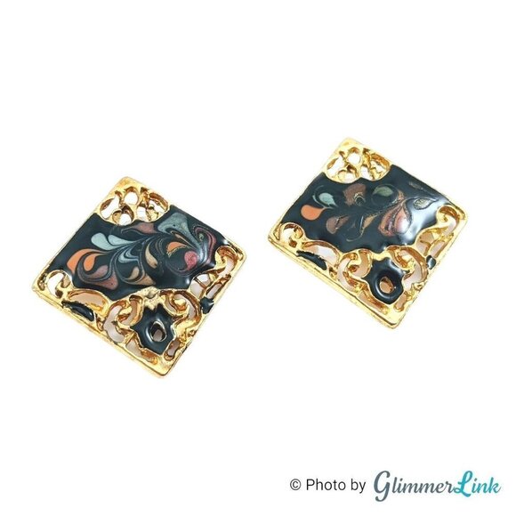 Vintage Diamond Shaped Filigree Enamel Swirls Earrings - Picture 2 of 9